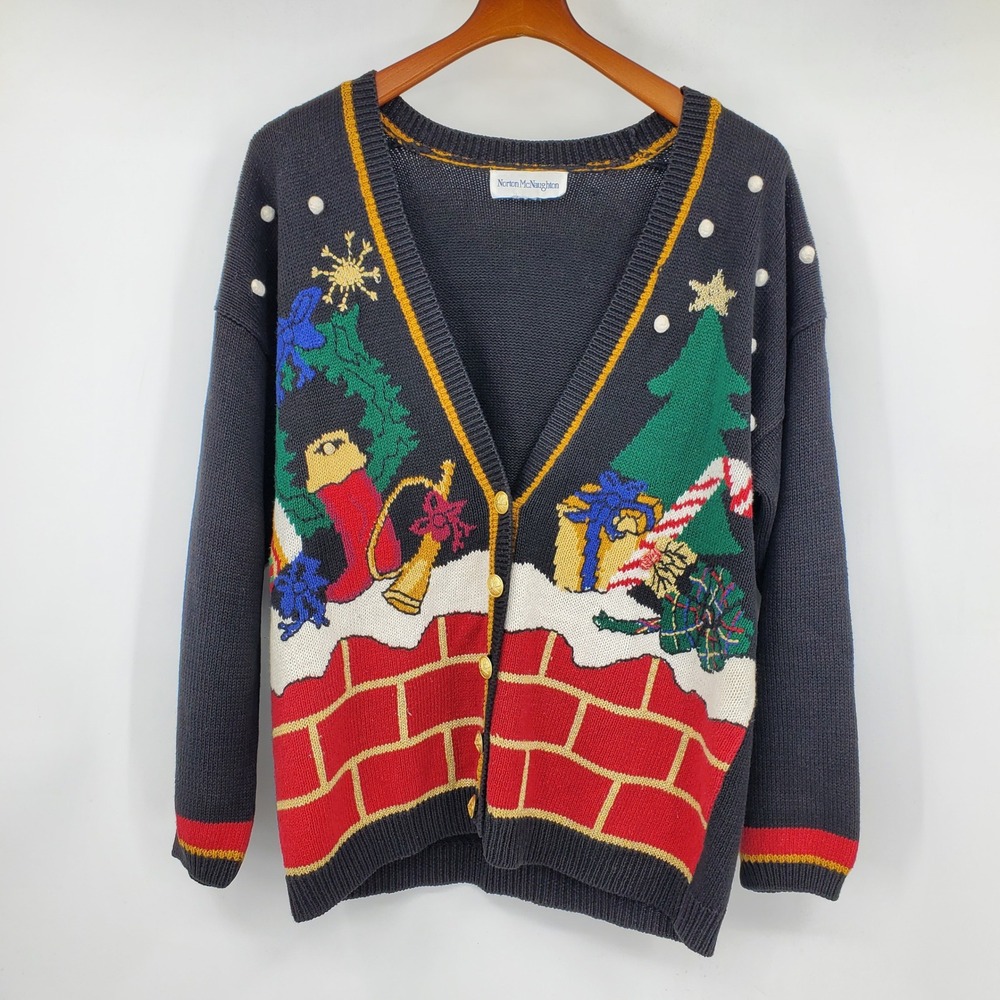 Norton McNaughton Vintage Christmas Cardigan Holiday Sweater Pom Poms
